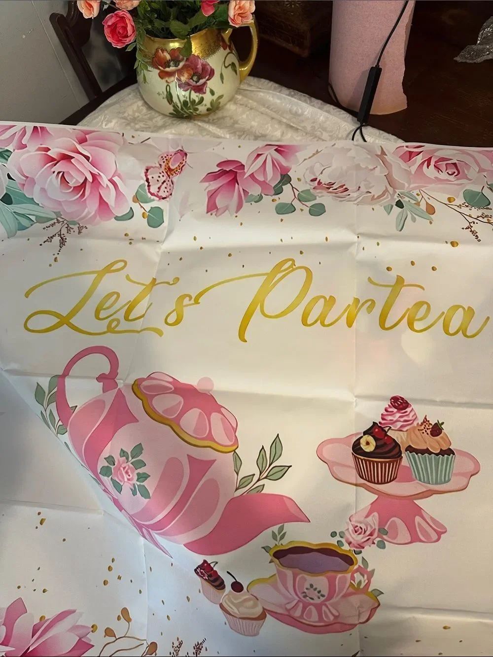 Let's Partea Pink Floral Tea Party Backdrop Balloons and Banner